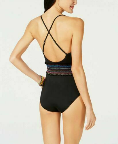 Bar III Black Smocked Plunging One Piece Swimsuit Large Cja04