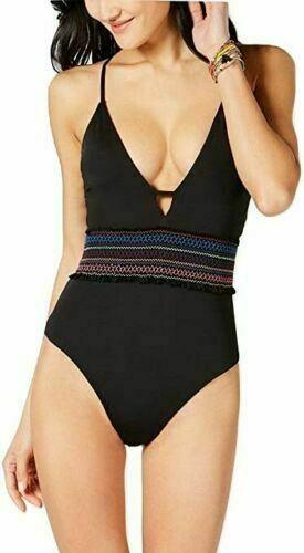 Bar III Black Smocked Plunging One Piece Swimsuit Large Cja04