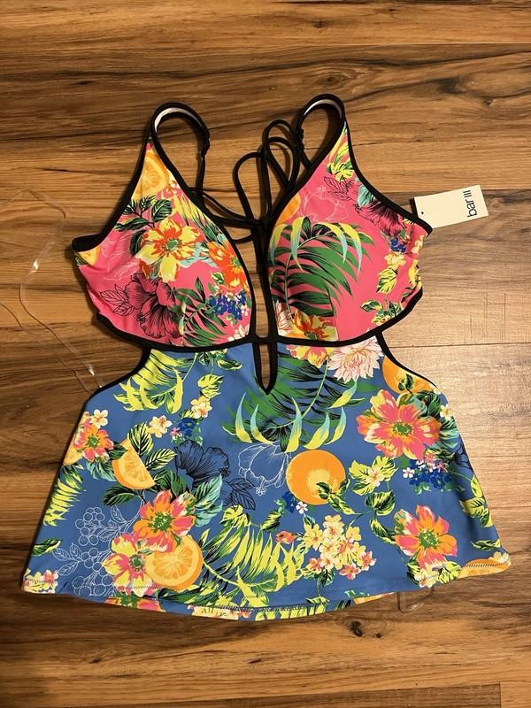 Bar III Women's Summer Spritz Printed Plunge-Neck Tankini Top Swimwear Size XL