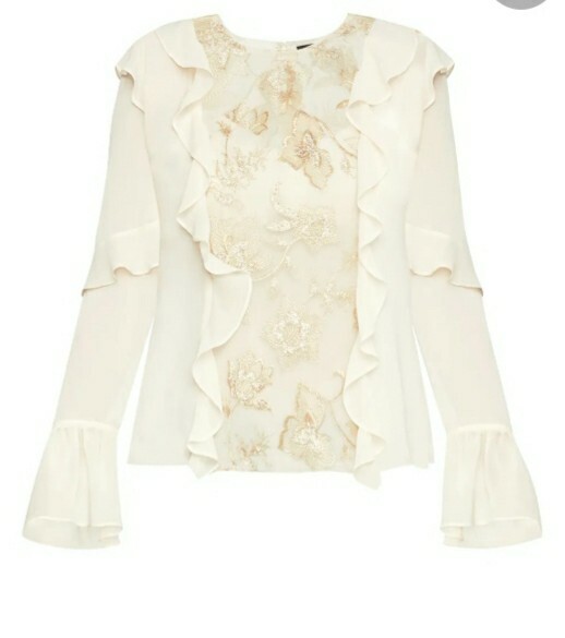 BCBG Max Azria Womens Blouse Top Cream Ruffle Floral Sequin JGK14A70 Beige