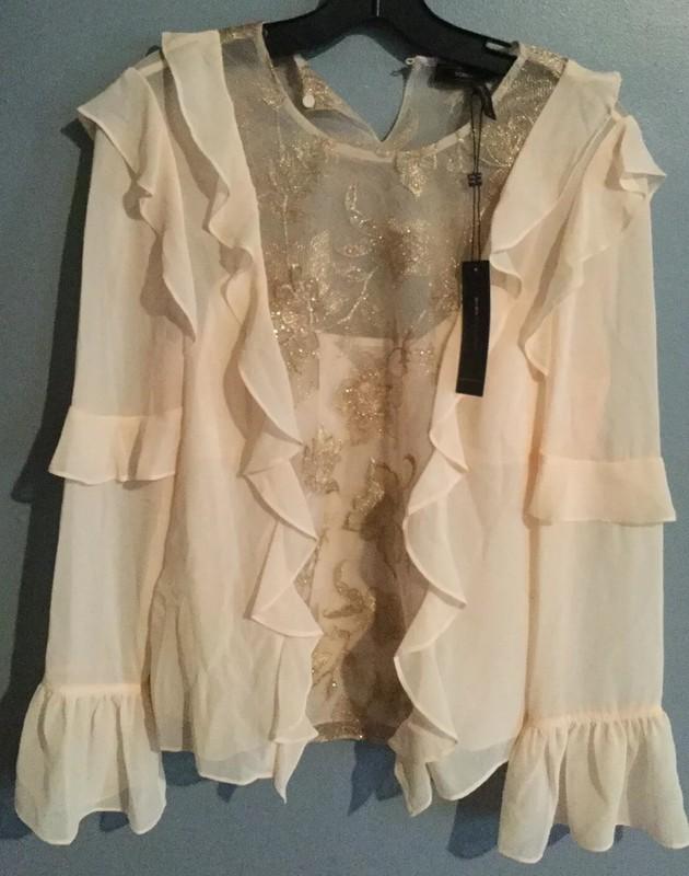 BCBG Max Azria Womens Blouse Top Cream Ruffle Floral Sequin JGK14A70 Beige