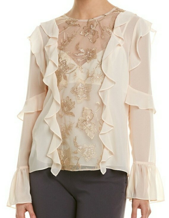 BCBG Max Azria Womens Blouse Top Cream Ruffle Floral Sequin JGK14A70 Beige