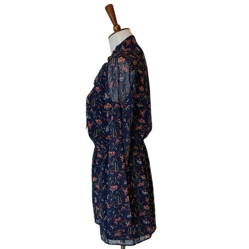 BCBGeneration Navy Blue Floral Long Sleeve Romper Bow Tie Neck XS Preowned