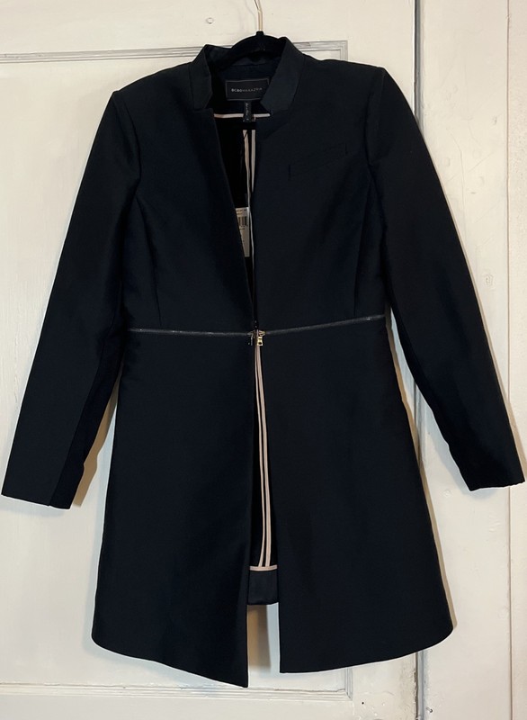BCBGMaxazria Arelia Long Jacket Women’s M Black Zip Waist A-line Essential City