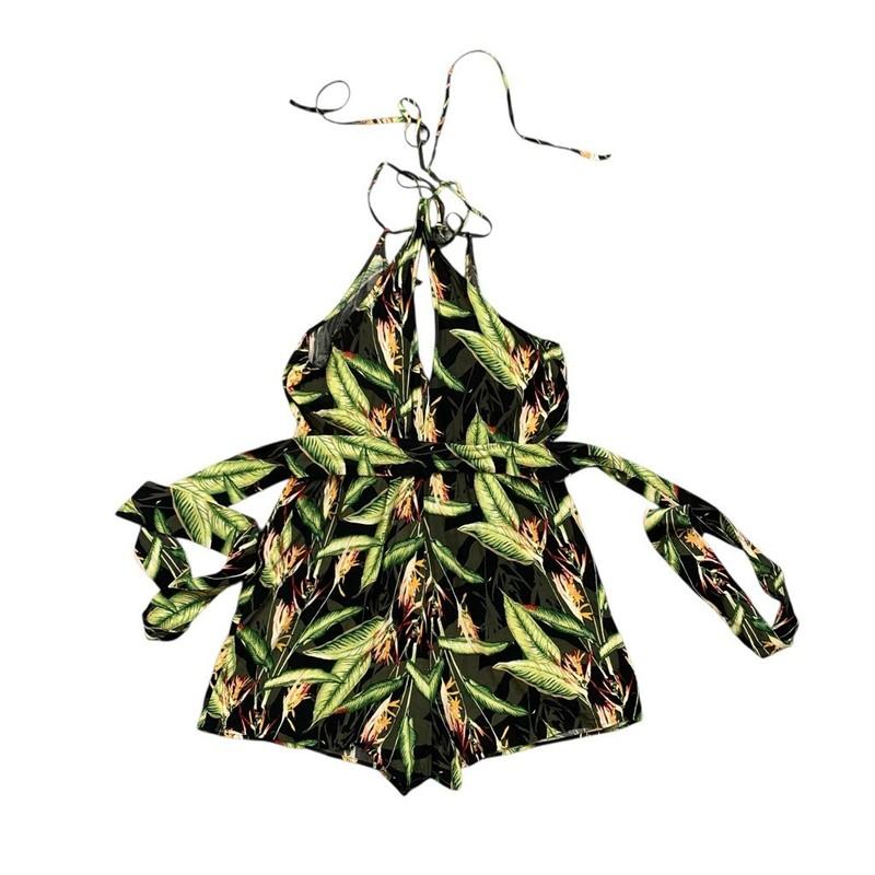 BCBGMaxazria Romper Womens M Medium Surplice Birds of Paradise Front Tie Keyhole