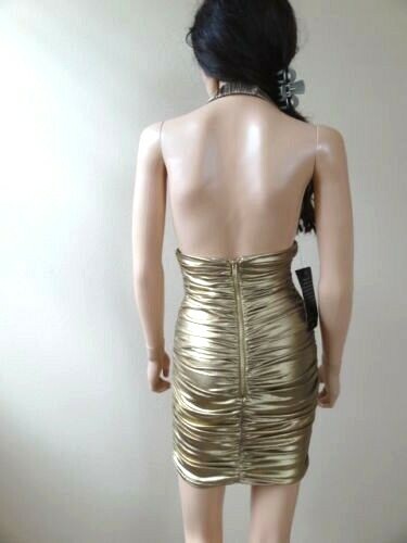 BEBE Halter Gold Foil Shirred Dress Sz. XXS ~ XS ~ S ~ M ~ $129