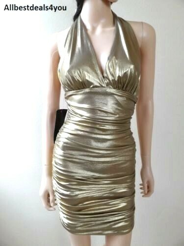 BEBE Halter Gold Foil Shirred Dress Sz. XXS ~ XS ~ S ~ M ~ $129