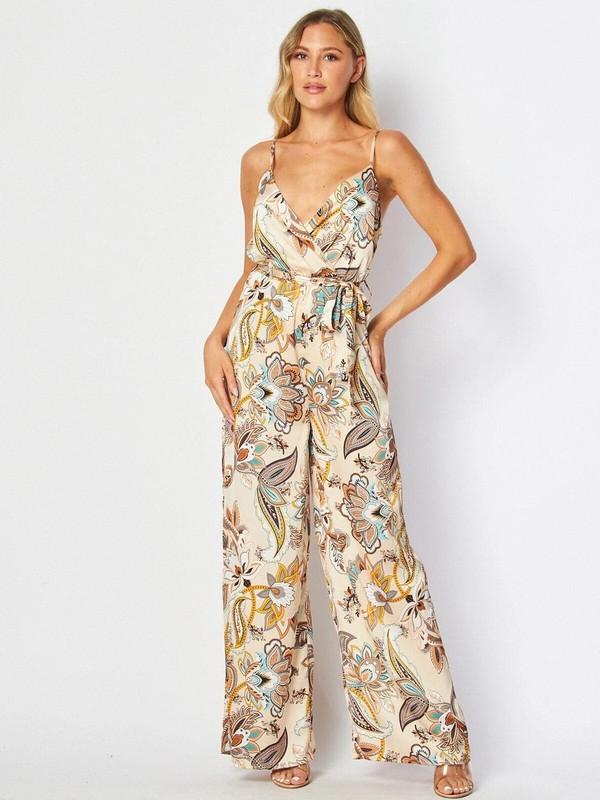 Beige Paisley Print Jumpsuit Size Large Sleeveless