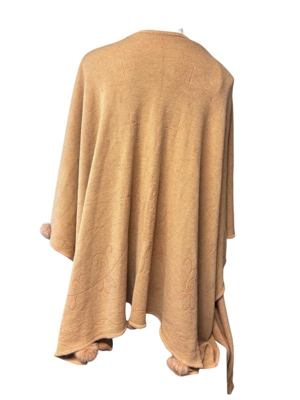Beige Women's Poncho Cape With Pom Pom Trim 34”x50”