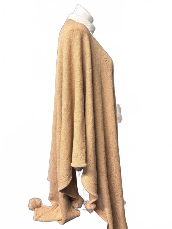 Beige Women's Poncho Cape With Pom Pom Trim 34”x50”