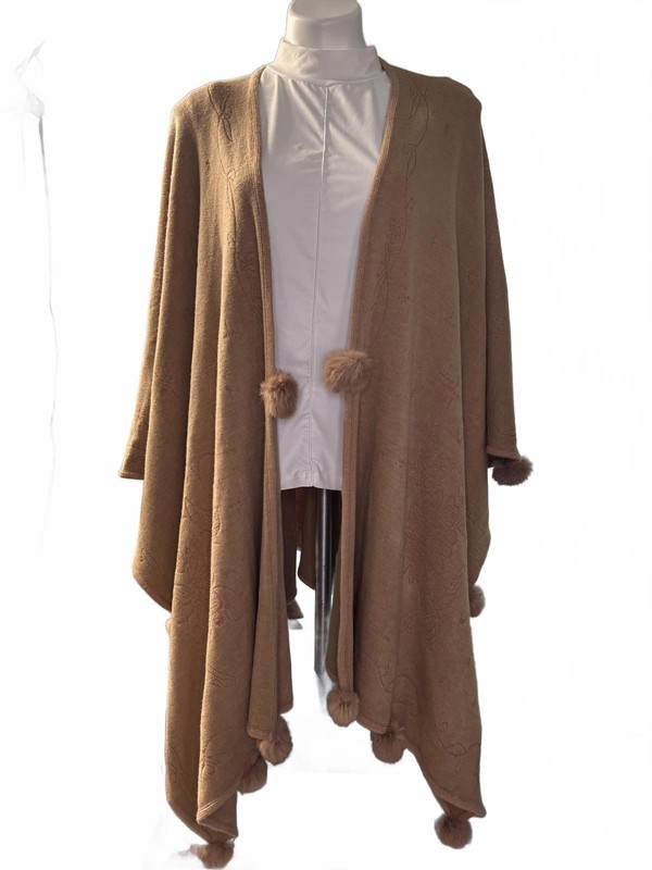 Beige Women's Poncho Cape with Pom Pom Trim 34”x50”