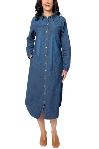 Belle by Kim Gravel Women's Stretch Denim Long Shirt Dress Dark Indigo