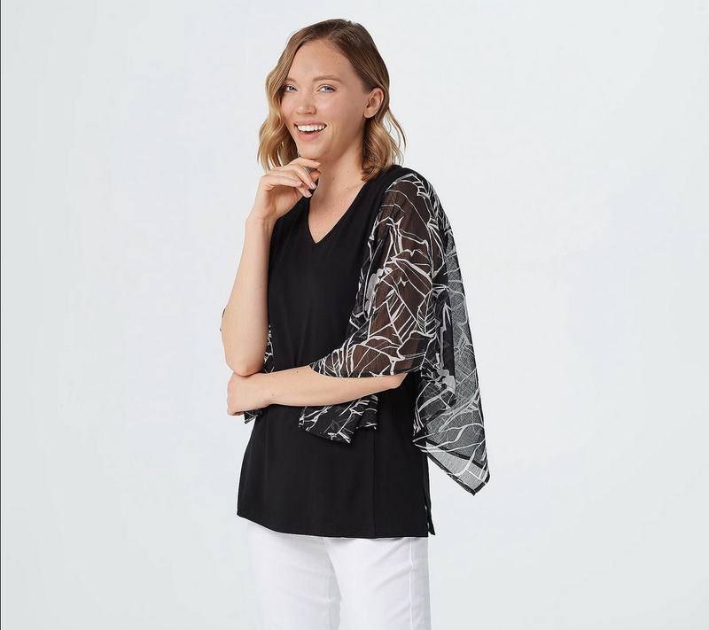 Belle by Kim Knit Top w/Tropical Print Woven Sleeves-Black-XXS A375874 NEW