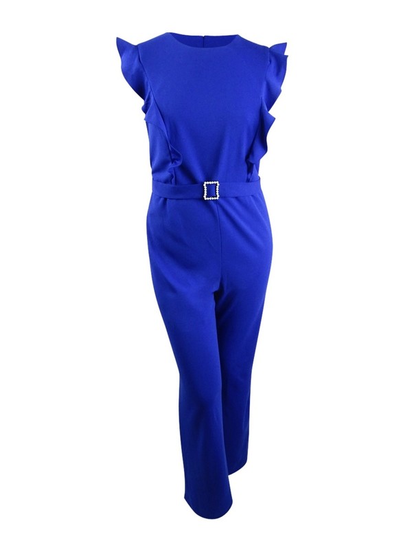 Betsey Johnson Women's Trendy Plus Size Ruffle-Front Belted Jumpsuit (16W Blue)