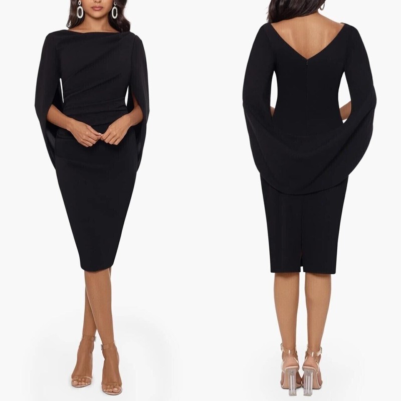 Betsy & Adam Black Cape Sleeve Crepe Sheath Dress Size 12 $199