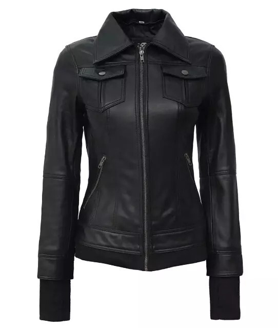 Betty Women Black Removable Hood Rib Knitted Real Sheep Leather Jacket For Women