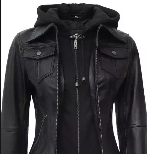 Betty Women Black Removable Hood Rib Knitted Real Sheep Leather Jacket For Women