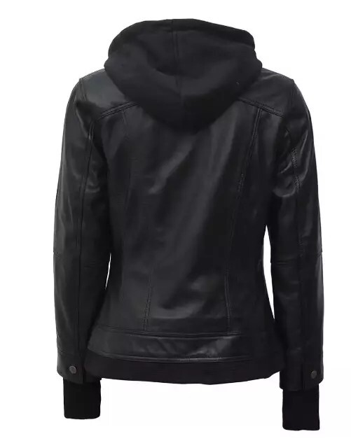 Betty Women Black Removable Hood Rib Knitted Real Sheep Leather Jacket For Women