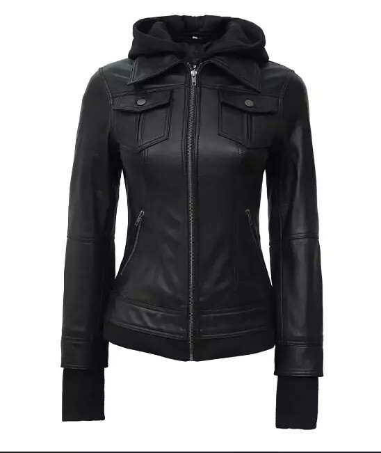 Betty Women Black Removable Hood Rib Knitted Real Sheep Leather Jacket for Women