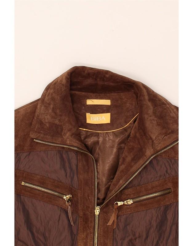 BIBA Womens Leather Bomber Jacket UK 12 Medium Brown Colourblock Leather CK01