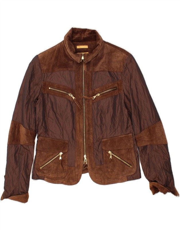 BIBA Womens Leather Bomber Jacket UK 12 Medium Brown Colourblock Leather CK01