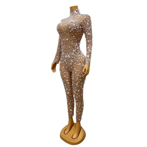 Big Pearls Rhinestones StretchTransparent Jumpsuit Evening Dancer Bodysuit C134