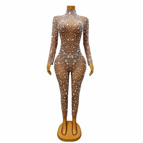 Big Pearls Rhinestones StretchTransparent Jumpsuit Evening Dancer Bodysuit C134