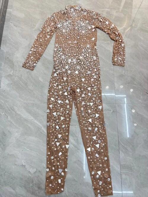 Big Pearls Rhinestones StretchTransparent Jumpsuit Evening Dancer Bodysuit C134