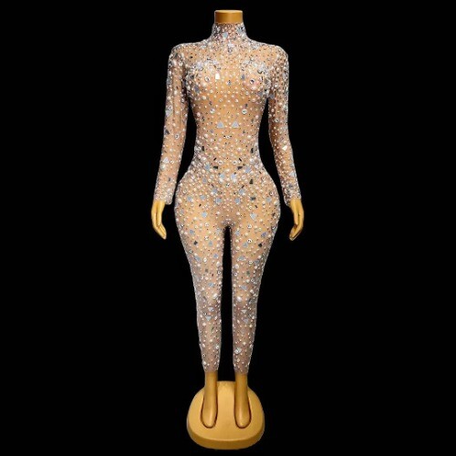 Big Pearls Rhinestones StretchTransparent Jumpsuit Evening Dancer Bodysuit C134