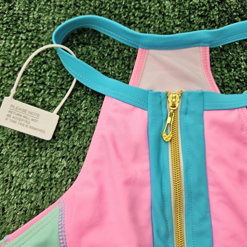 Bikinix Colorblock Neon Pink Zip Swimsuit One Piece Tummy Control NWT