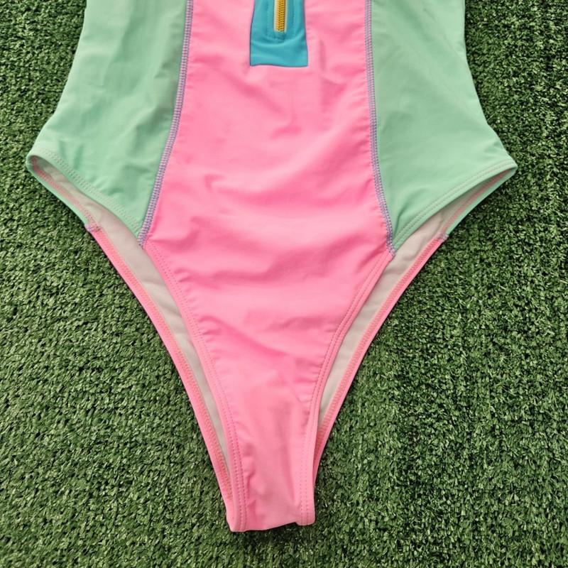 Bikinix Colorblock Neon Pink Zip Swimsuit One Piece Tummy Control NWT