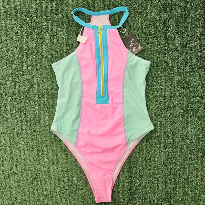Bikinix Colorblock Neon Pink Zip Swimsuit one piece Tummy Control NWT