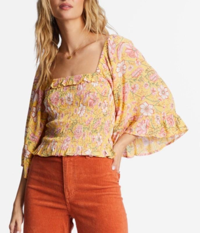 BILLABONG Be My Babe Crop Top Sz M Yellow Floral Bell Sleeve Square Neck Ruffled
