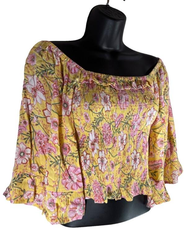 BILLABONG Be My Babe Crop Top Sz M Yellow Floral Bell Sleeve Square Neck Ruffled