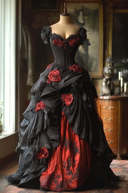 Black Burgundy Gothic Prom Dresses 3D Rose Flower Bustle Corset Lace-up Pleated
