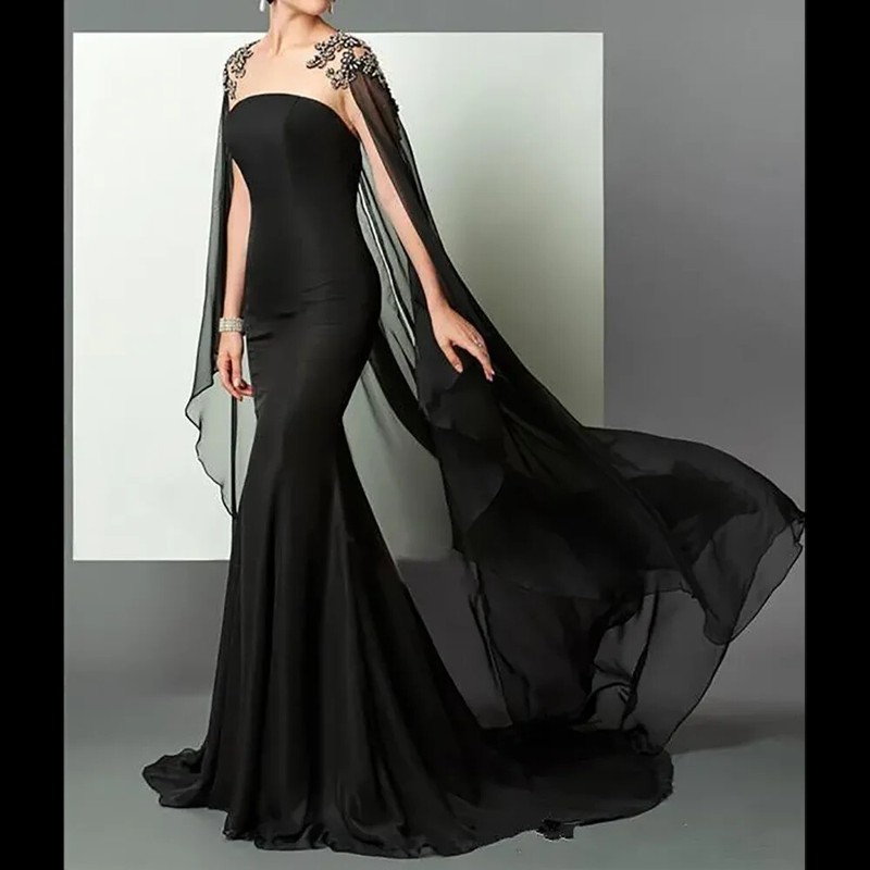 Black Crystal Beaded Arabic African EveningDress Elie Saab Prom PartyGown Simple