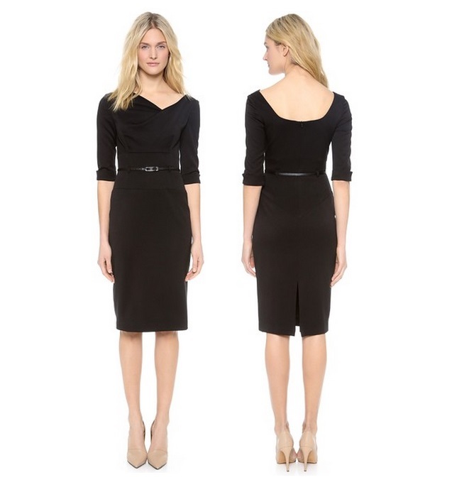 BLACK HALO Jackie O Belted Sheath Hollywood Celebrity 3/4 Sleeve Black Dress