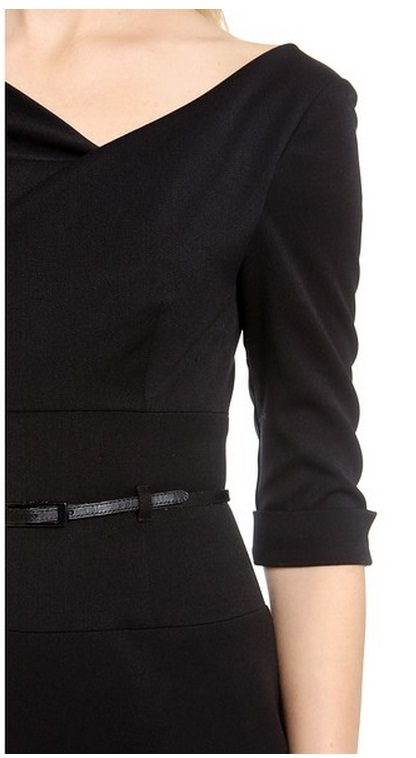 BLACK HALO Jackie O Belted Sheath Hollywood Celebrity 3/4 Sleeve Black Dress