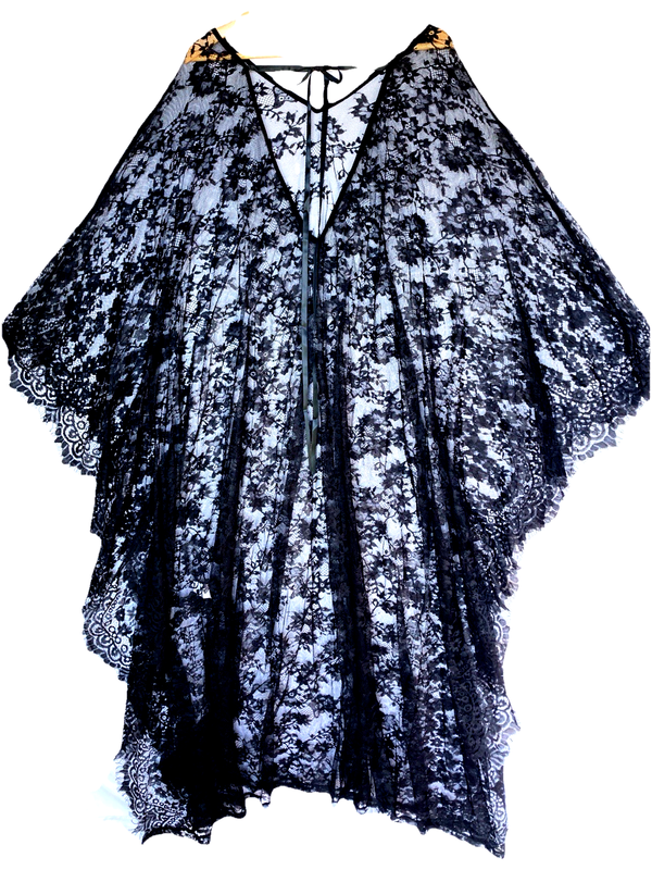 Black Lace Cloak Womens OS Sheer Overlay Vamp Kimono Kaftan Maxi Swim Cover