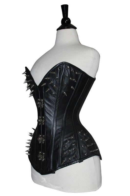 Black Leather Steampunk Spike & Clasp Corset Overbust Waist Trainer Corsets