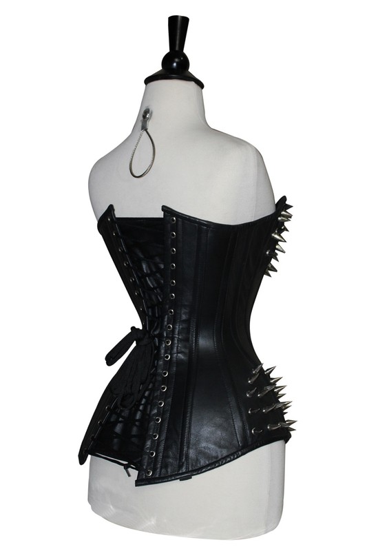 Black Leather Steampunk Spike & Clasp Corset Overbust Waist Trainer Corsets