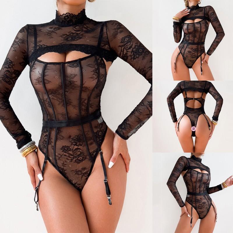 Black Long-sleeve Lace Bodysuit Garter Bustier Jumpsuit Pullover Shoulder Set
