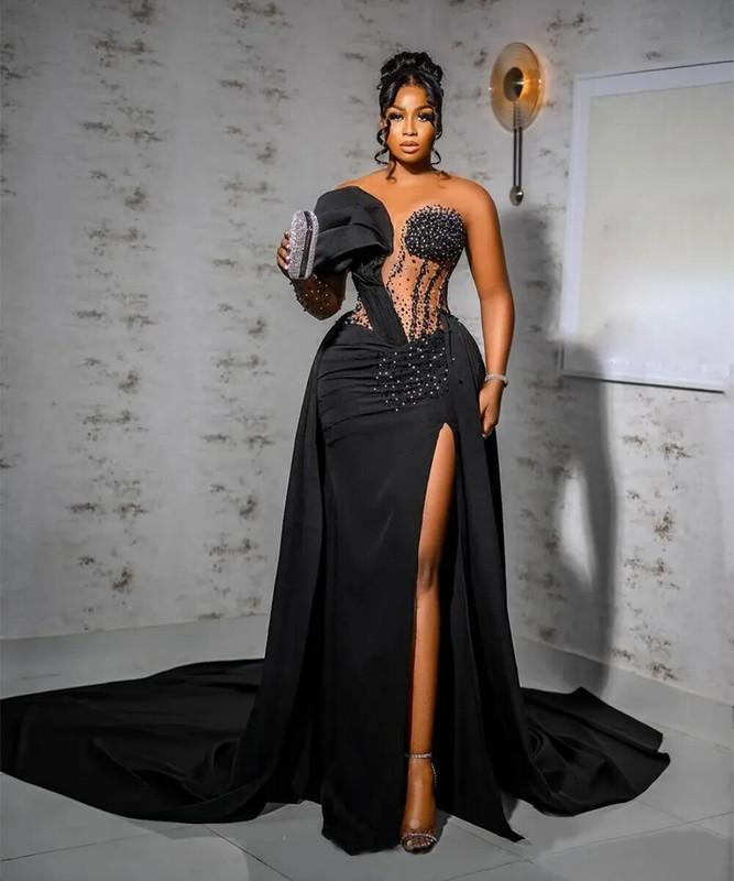Black Mermaid Prom Dresses Side Slit Beaded Crystals Detachable Train Party Gown