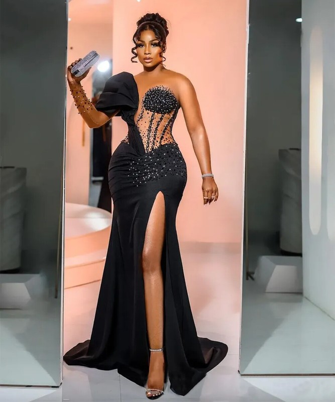 Black Mermaid Prom Dresses Side Slit Beaded Crystals Detachable Train Party Gown