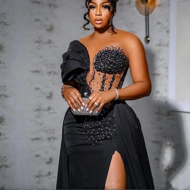 Black Mermaid Prom Dresses Side Slit Beaded Crystals Detachable Train Party Gown
