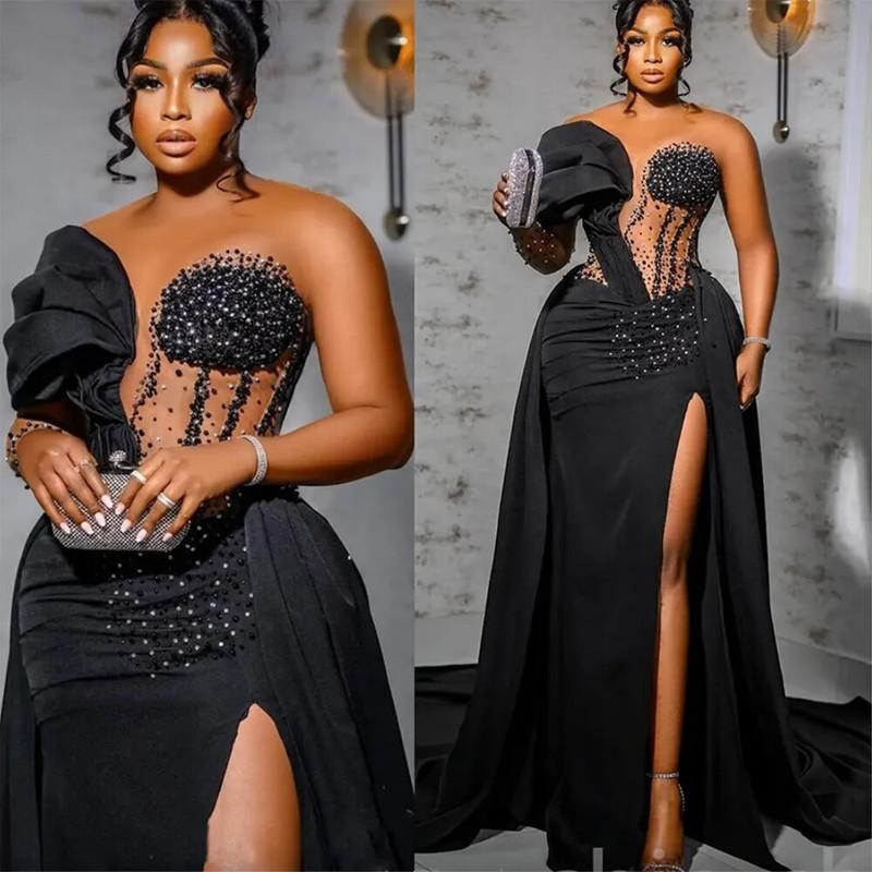 Black Mermaid Prom Dresses Side Slit Beaded Crystals Detachable Train Party Gown