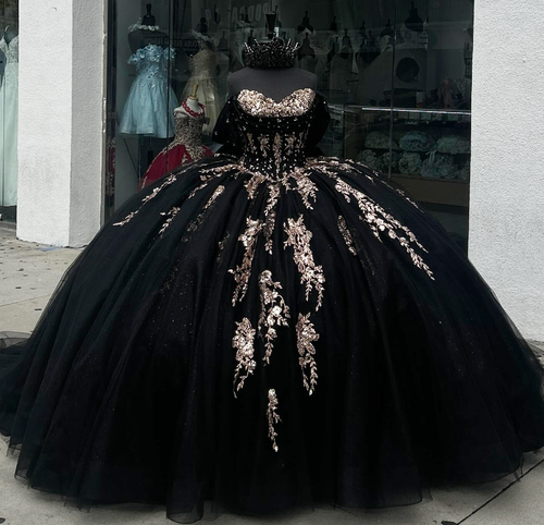 Black Quinceanera Dresses With Bow Gold Appliques Sweet 15 16 Party Ball Gowns