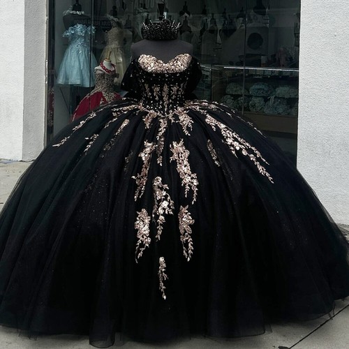 Black Quinceanera Dresses With Bow Gold Appliques Sweet 15 16 Party Ball Gowns