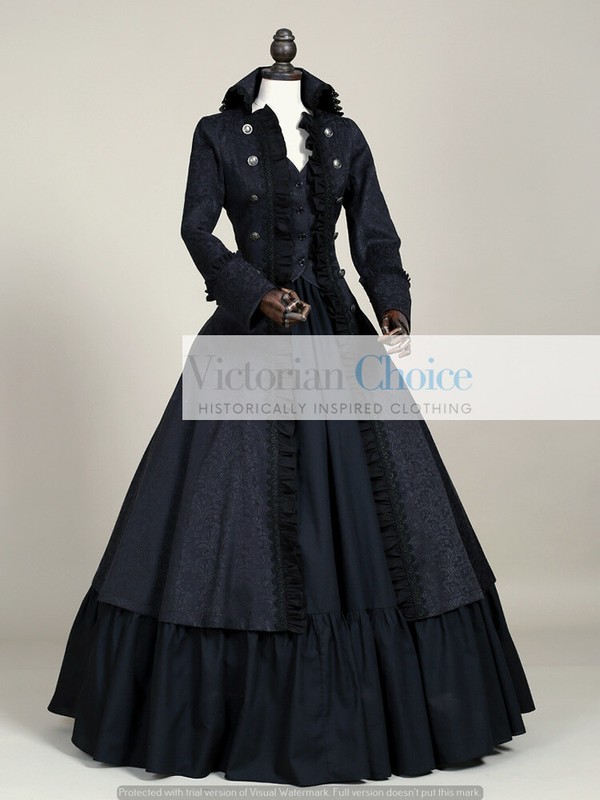 Black Victorian Gothic Penny Dreadful Military Dress Witch Halloween Costume 176