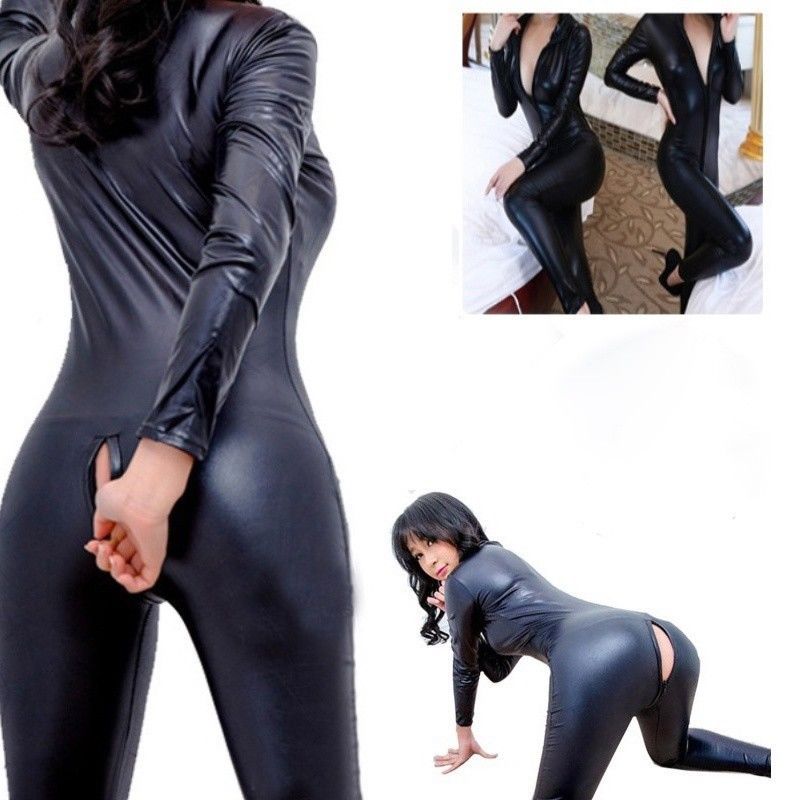 Black Women Vinyl PVC Wetlook Leather CATSUIT CLUBWEAR Bodysuit Motor Jumpsuit